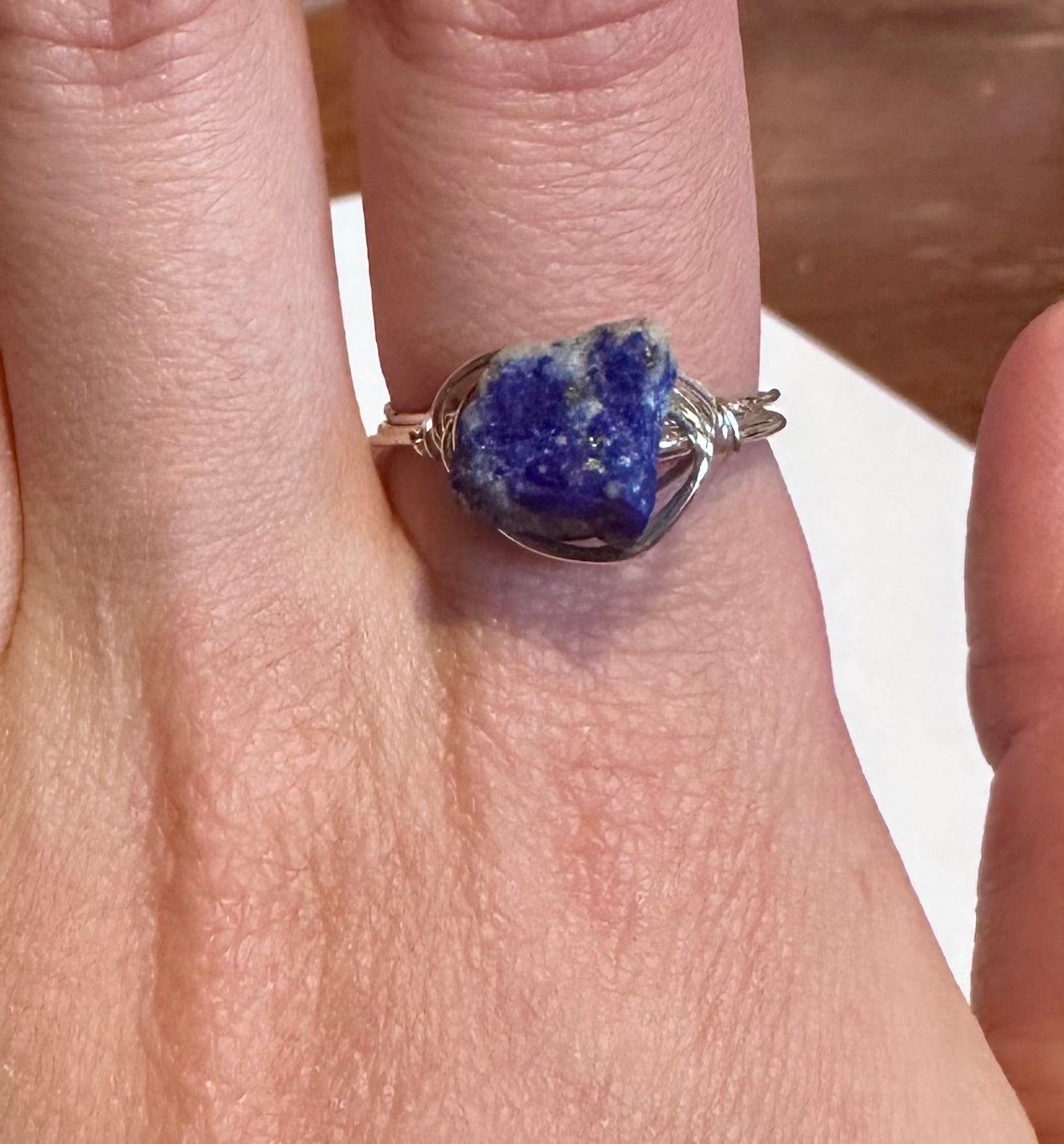Wire Wrapped Silver Lapis Lazuli Ring (size 8)
